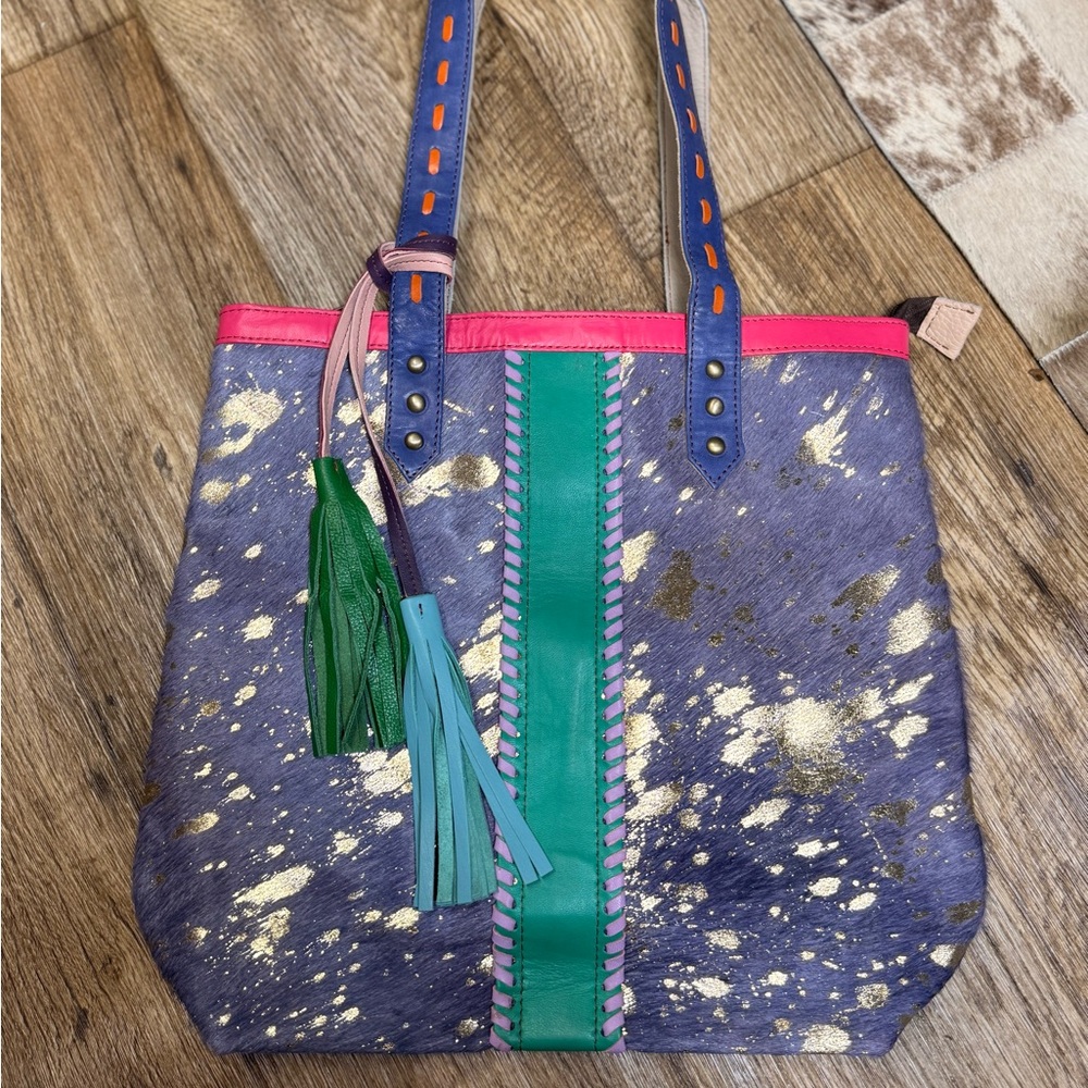 Genuine dyed cowhide Purple Leather Tote with Gold Splatter and Green Accent
